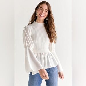 Cesca Ivory Ribbed Top with Bell Sleeves